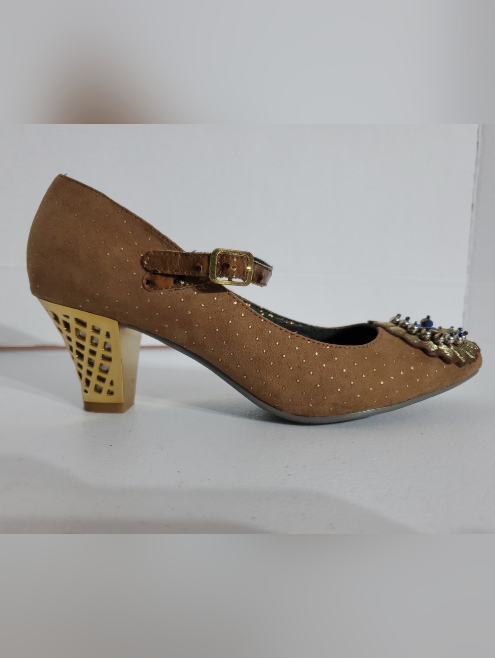 Poetic License Darla's Dream 6.5 Brown Mary Jane Heels Gold Embellishments - Picture 4 of 10